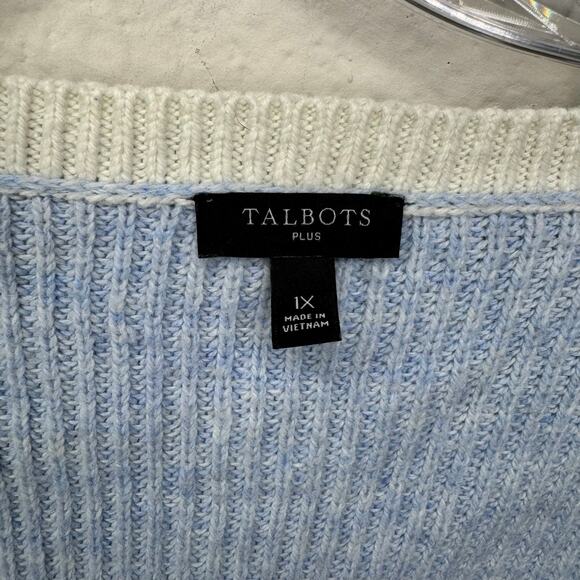 Talbots Plus 1X Blue V-Neck Sweater Pullover Ribbed Knit Long Sleeve Cotton - Picture 6 of 7
